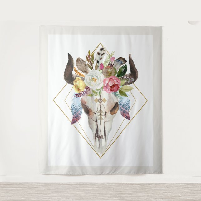 Boho flowers & feathers geometric bull skull tapestry (Front)