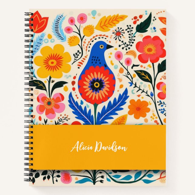Boho Flowers Folk Blue Bird | your name Notebook (Front)