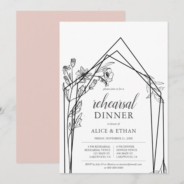 Boho Flowers Geometric Rehearsal Diner Invitation (Front/Back)