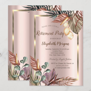Boho Flowers Gold Frame,Rose Gold Retirement   Invitation