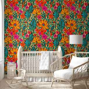 Boho Flowers in Orange, Pink, Blue Wallpaper