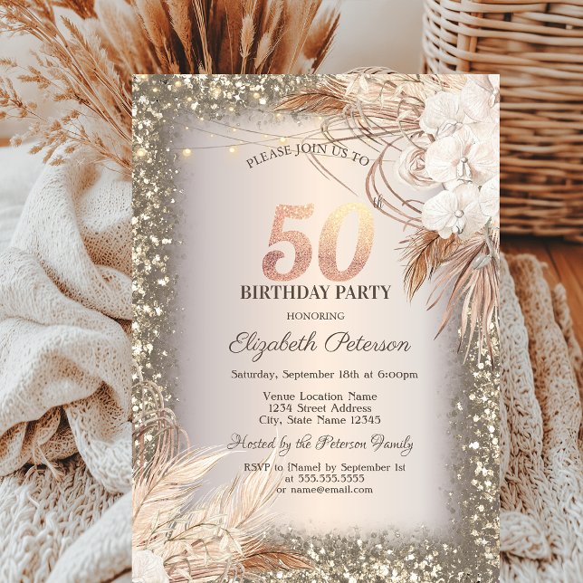 Boho Flowers,Lights Glitter Frame 50th Birthday Invitation (Creator Uploaded)