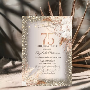 Boho Flowers,Lights Glitter Frame 75th Birthday Invitation