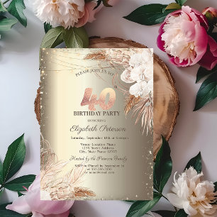 Boho Flowers,Lights Glitter Frame Gold 40th Invitation