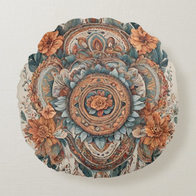 Boho Flowers Modern Art Round Pillow (Front)