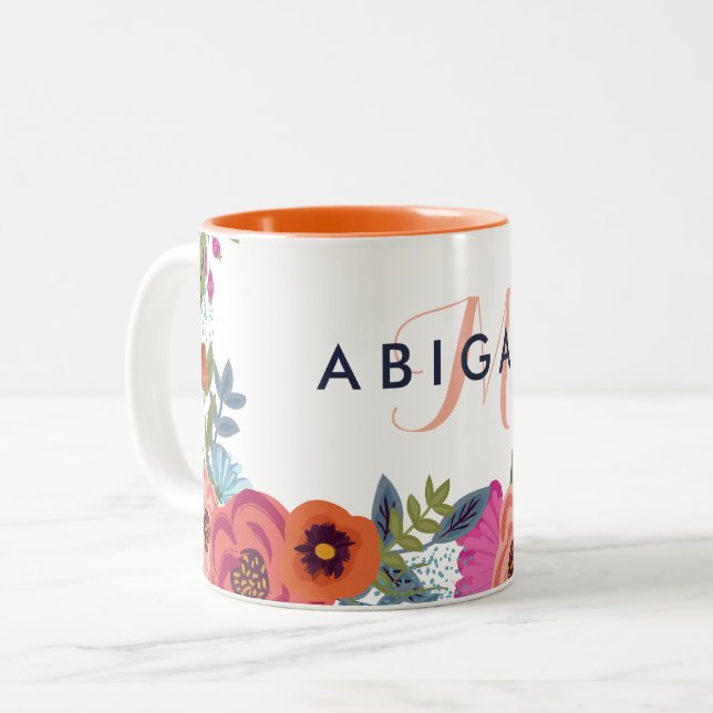 Boho Flowers - Name & Monogram Two-Tone Coffee Mug (Front Left)