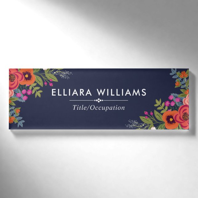 Boho Flowers - Navy Blue & White Name Tag (Front)