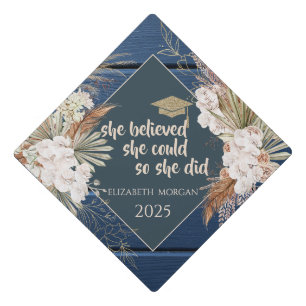 Boho Flowers Navy Blue Wood Graduation Cap