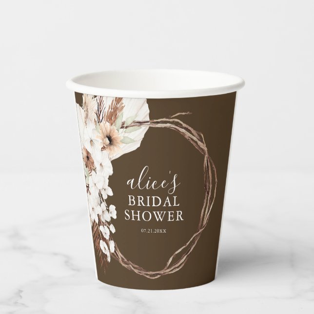 Boho Flowers Pampa Grass Botanical Bridal Shower Paper Cups (Front)