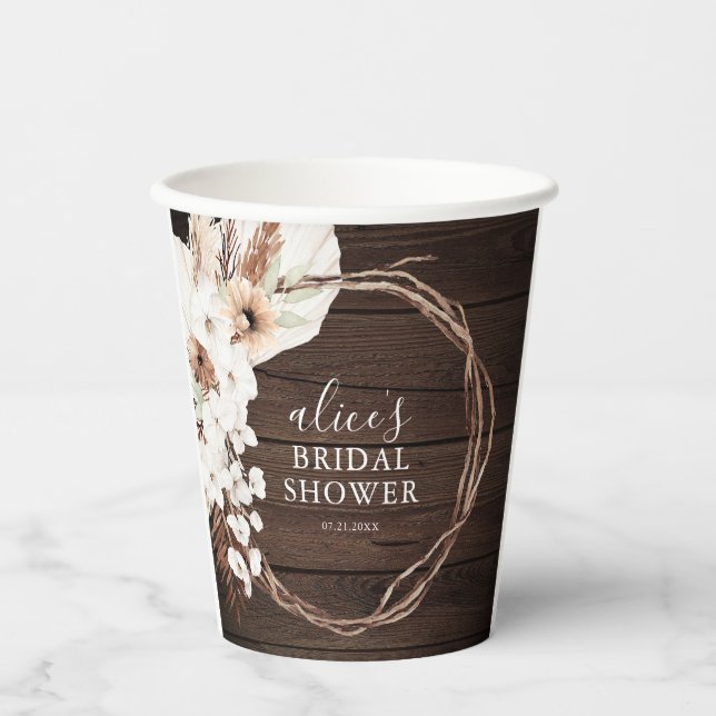 Boho Flowers Pampa Grass Botanical Bridal Shower Paper Cups (Front)