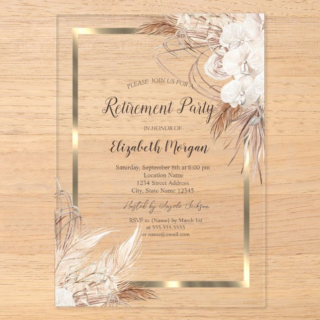Boho Flowers Pampas Grass Gold Frame Retirement  Acrylic Invitations (Front)