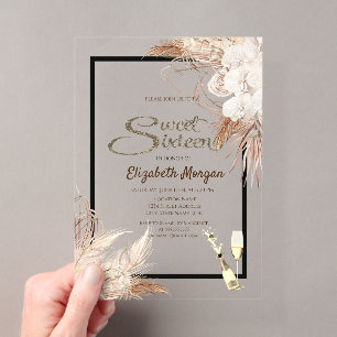 Boho Flowers Pampas Grass Wood Sweet 16 Acrylic Invitations