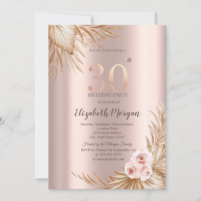  Boho Flowers Pampas Rose Gold 30th Birthday  Invitation (Front)