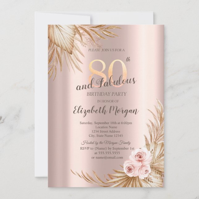  Boho Flowers Pampas Rose Gold 80th Birthday  Invitation (Front)
