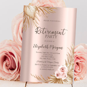 Boho Flowers Pampas Rose Gold Retirement Party Invitation