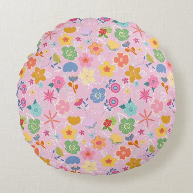 Boho Flowers Pattern B01.w LPink BG Round Pillow (Front)