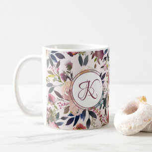 Boho Flowers Pink Sage Green Monogramed Coffee Mug