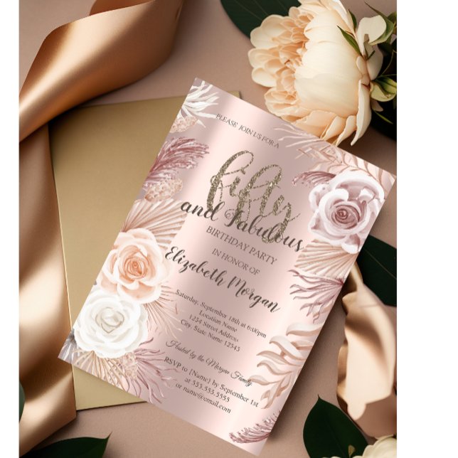Boho Flowers Rose Gold 50th Birthday Party  Invitation (Creator Uploaded)