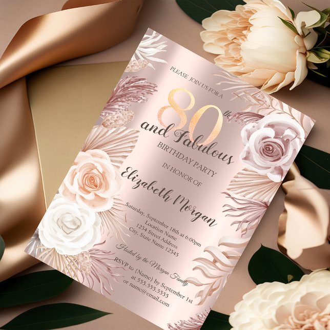 Boho Flowers Rose Gold 80th Birthday Invitation (Creator Uploaded)