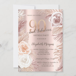Boho Flowers Rose Gold 90th Birthday Party  Invitation