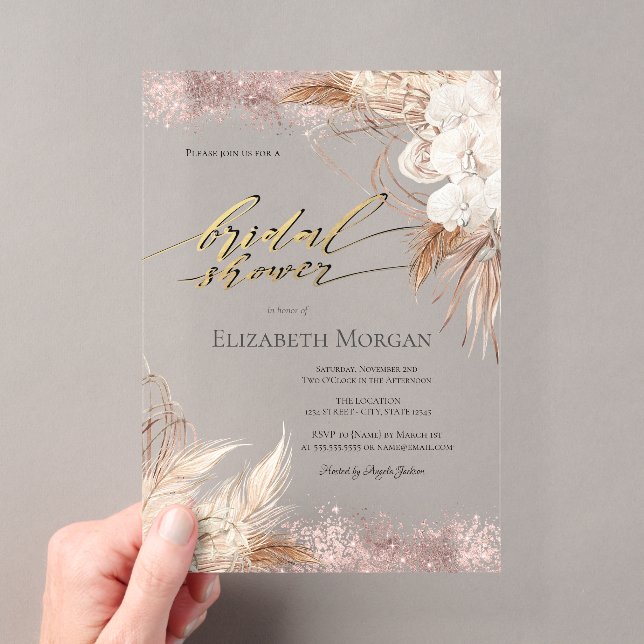 Boho Flowers Rose Gold Confetti Bridal Shower  Acrylic Invitations (Insitu (Handheld))