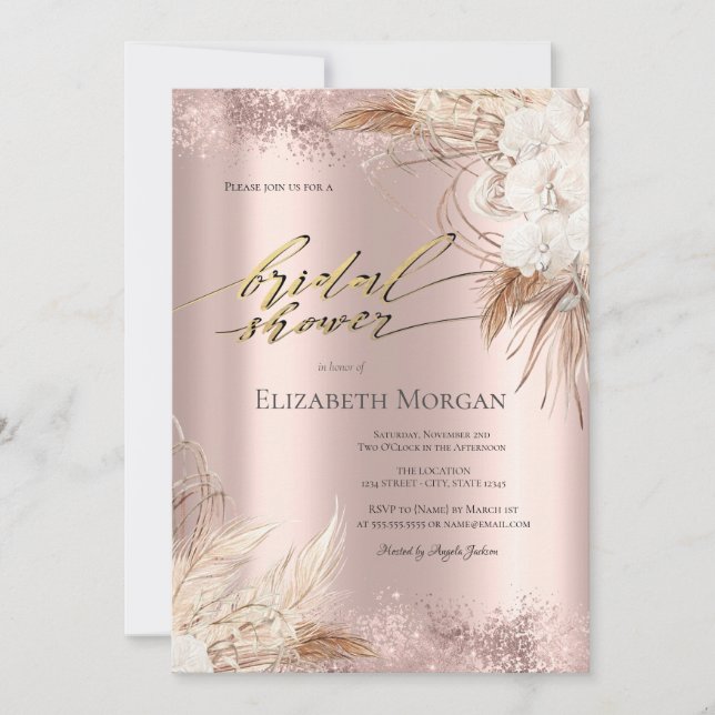 Boho Flowers Rose Gold Confetti Bridal Shower  Invitation (Front)