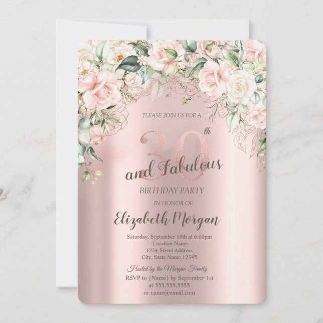 Boho Flowers Roses Rose Gold 30th Birthday Invitation (Front)