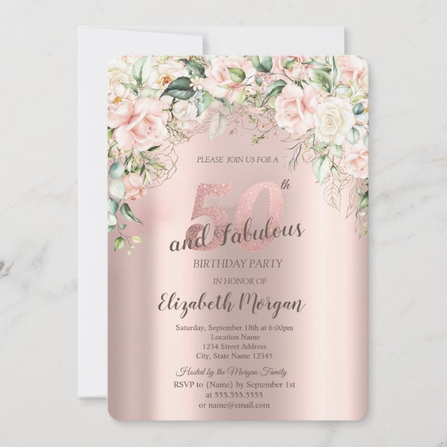 Boho Flowers Roses Rose Gold 50th Birthday Invitation (Front)