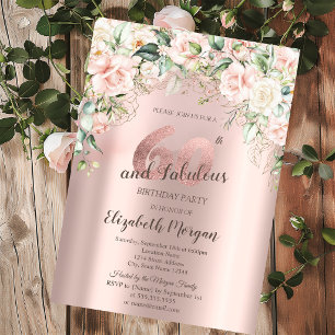 Boho Flowers Roses Rose Gold 60th Birthday Invitation