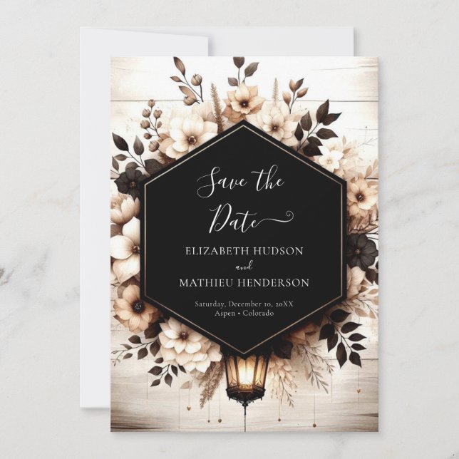 Boho flowers rustic wedding save the date (Front)