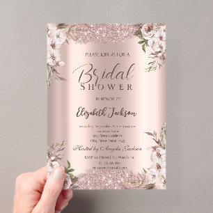 Boho Flowers Shiny Frame Rose Gold Bridal Shower  Acrylic Invitations