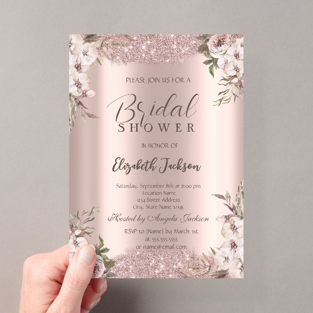 Boho Flowers Shiny Frame Rose Gold Bridal Shower  Acrylic Invitations (Insitu (Handheld))
