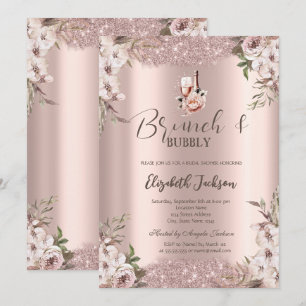 Boho Flowers Shiny Frame Rose Gold Bridal Shower  Invitation