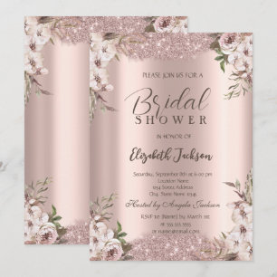 Boho Flowers Shiny Frame Rose Gold Bridal Shower  Invitation