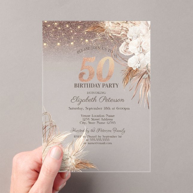 Boho Flowers,String Lights Glitter 50th Birthday Acrylic Invitations (Insitu (Handheld))