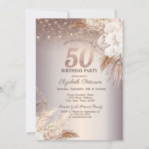 Boho Flowers,String Lights Glitter 50th Birthday Invitation