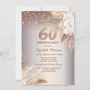 Boho Flowers,String Lights Glitter 60th Birthday Invitation