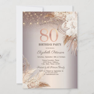 Boho Flowers,String Lights Glitter 80th Birthday Invitation