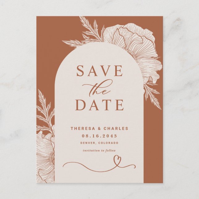 Boho Flowers Terracotta Arch Save the Date Announcement Postcard (Front)