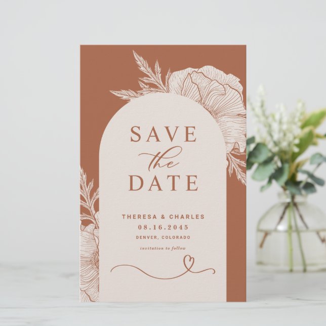 Boho Flowers Terracotta Arch Save the Date Card (Standing Front)