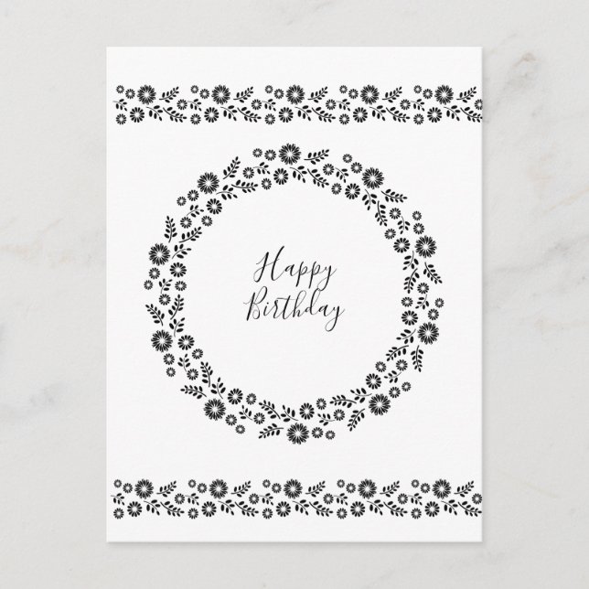 Boho flowers Wreath Black and White greetings Postcard (Front)