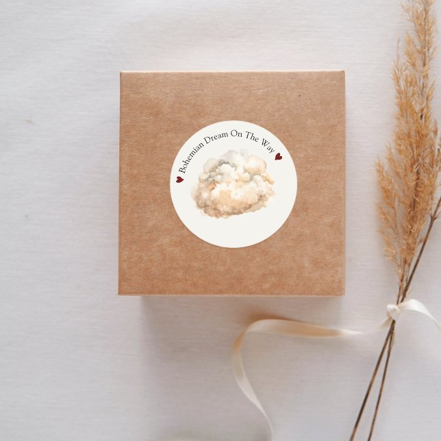 Boho Fluffy Cloud Beige Baby Shower Classic Round Sticker (Boho Fluffy Cloud Beige Baby Shower Classic Round Sticker)