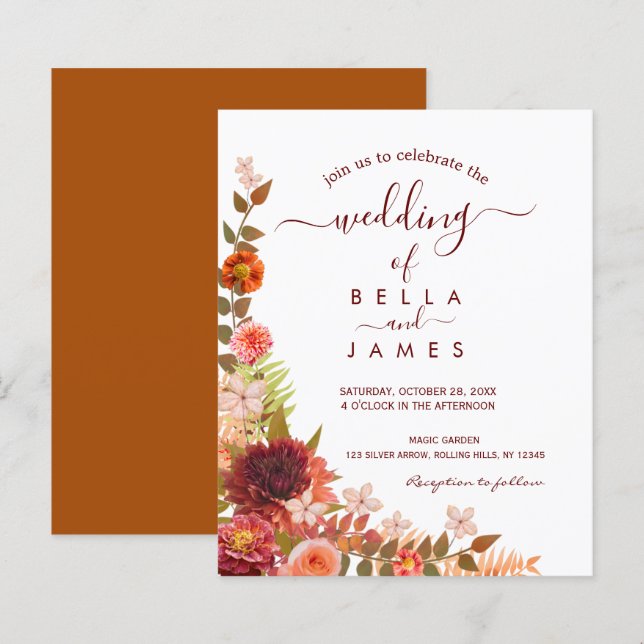  Boho Foliage Floral Terracotta Wedding Invitation (Front/Back)
