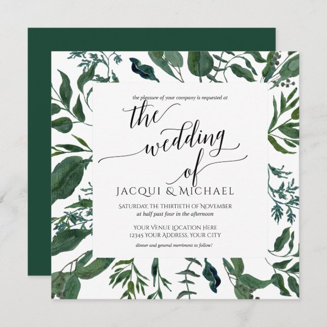 BOHO Foliage Wedding Watercolor Wreath | Square Invitation (Front/Back)