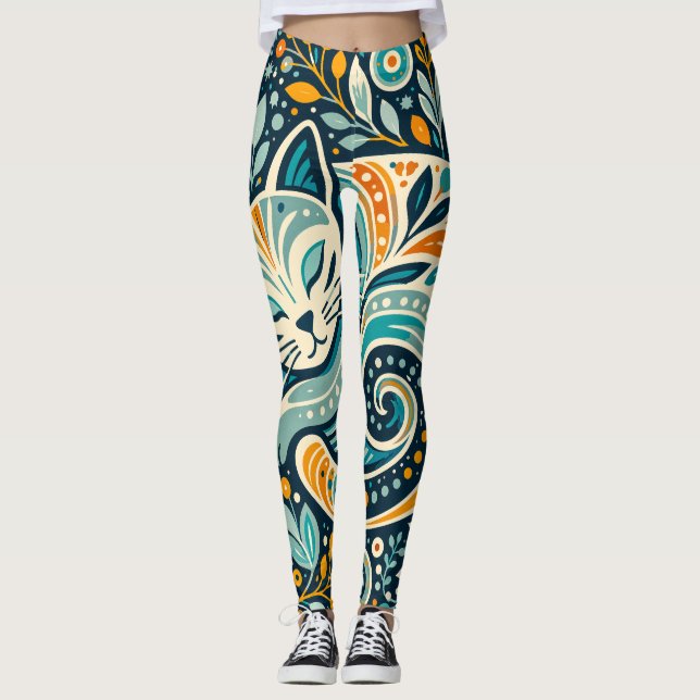 Boho Folk Art Cat and Floral Pattern Leggings (Front)