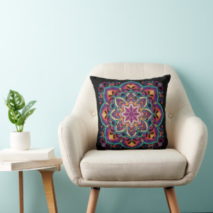 Boho Folk Art Flower Throw Pillow