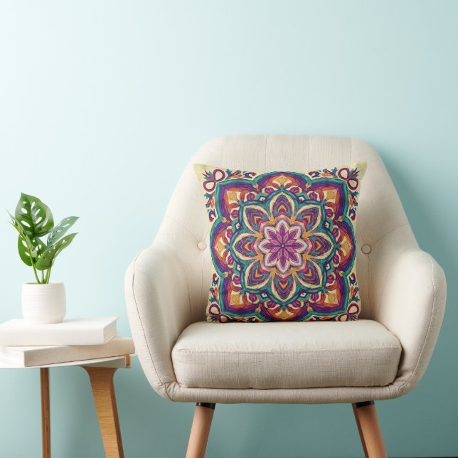 Boho Folk Art Flower Throw Pillow (Chair)