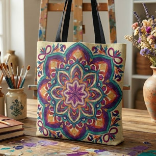 Boho Folk Art Flower Tote Bag