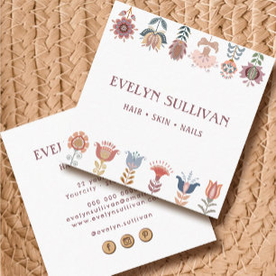 boho folk art flowers square business card