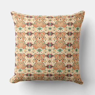 Boho Folk Art Teddy Bear Seamless Pattern Throw Pillow